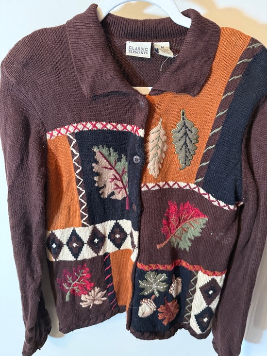Classic Elements Sweaters - Classic Elements Brown Rust and Black Patchwork Leaf Embroidered Cardigan